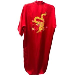 Vintage Esme 100% Silk Red Long Kimono Robe With Dragon Embroidery Women's